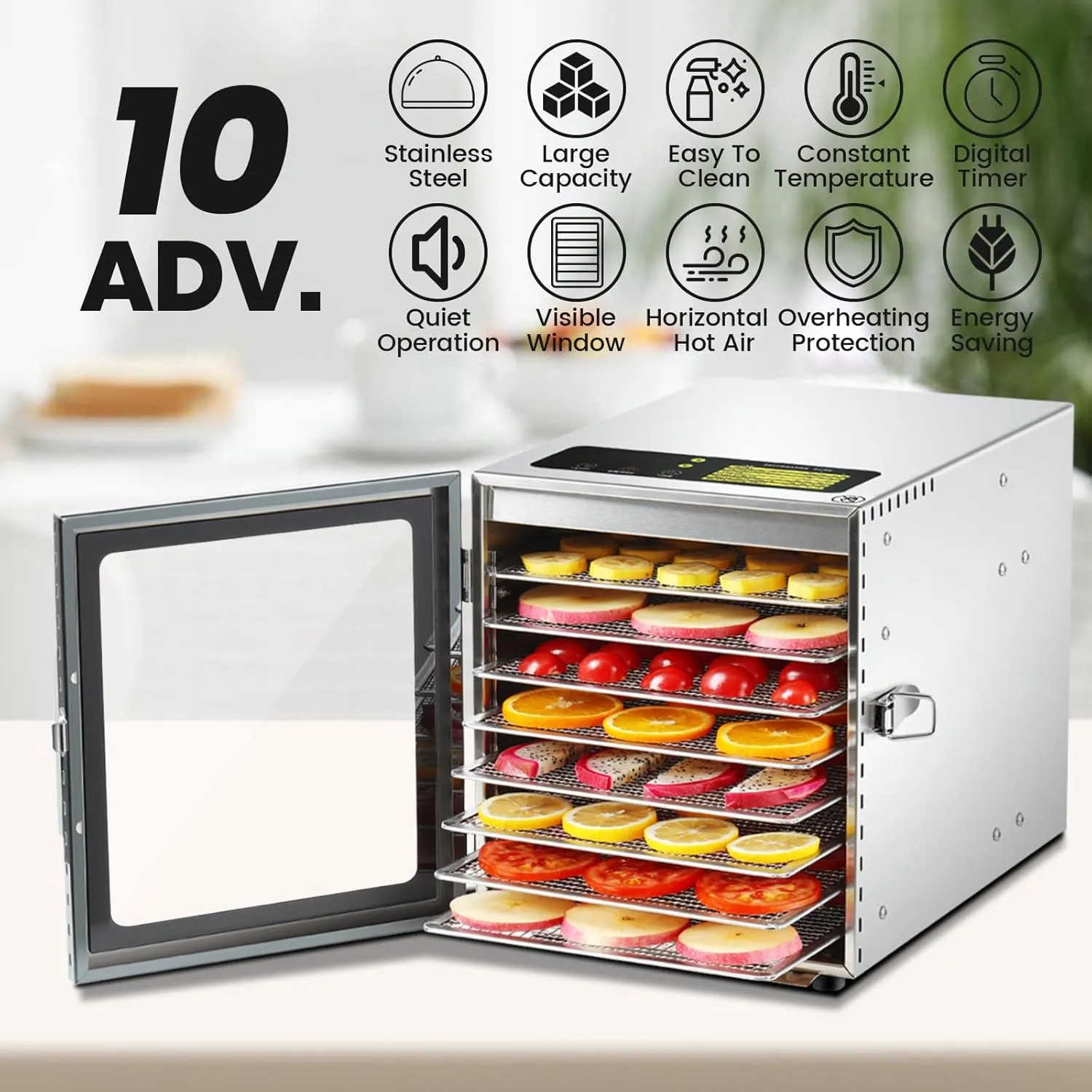Food-Dehydrator Machine 8 Stainless Steel Trays, 500W Jerky Dehydrator for Meat, 190ºF Mushroom Dryer, 24H Timer Fruits Dryer for Herbs, Veggies, Yogurt & Dog Treats