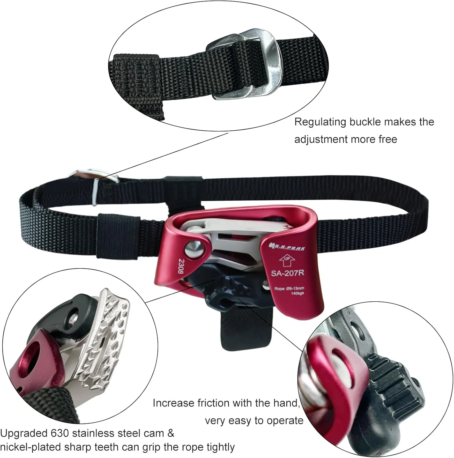 Foot Ascender Upgraded Foot Riser 140kgs Strong Rappelling Gear Equipment for Rock Climbing Tree Arborist, Climbing Rescue Caving, Mountaineering, 8~13MM Rope, Right/Left Foot, 4kN