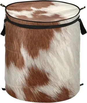 Fragment of a Skin of a Cow Brown White Mixed Color Real Cow Skin Pop Up Laundry Hamper, Collapsible Dirty Clothes Basket with Zipper Lid, Storage Bag Washing Bin for Room College Dorm Travel