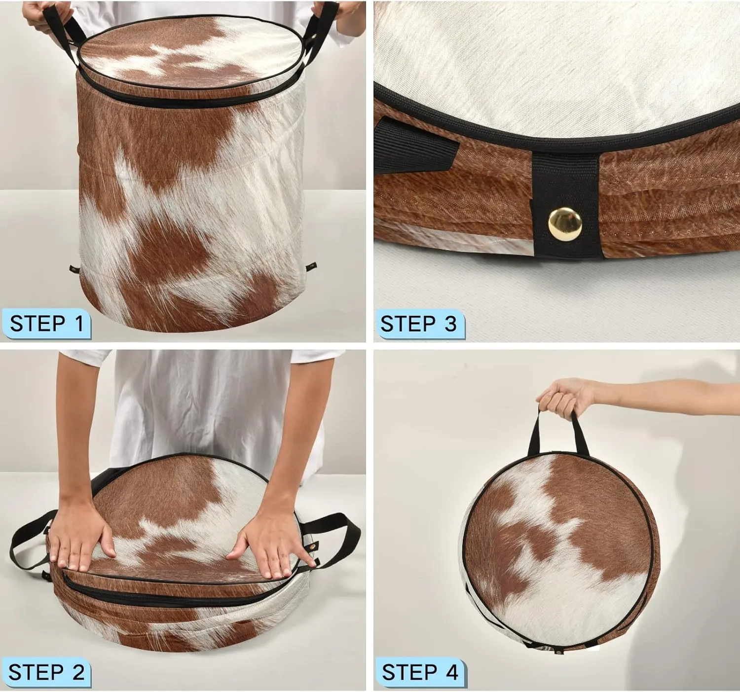 Fragment of a Skin of a Cow Brown White Mixed Color Real Cow Skin Pop Up Laundry Hamper, Collapsible Dirty Clothes Basket with Zipper Lid, Storage Bag Washing Bin for Room College Dorm Travel