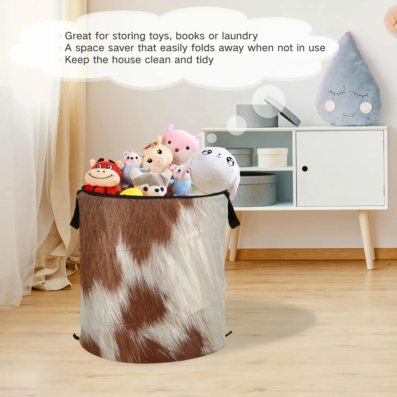 Fragment of a Skin of a Cow Brown White Mixed Color Real Cow Skin Pop Up Laundry Hamper, Collapsible Dirty Clothes Basket with Zipper Lid, Storage Bag Washing Bin for Room College Dorm Travel