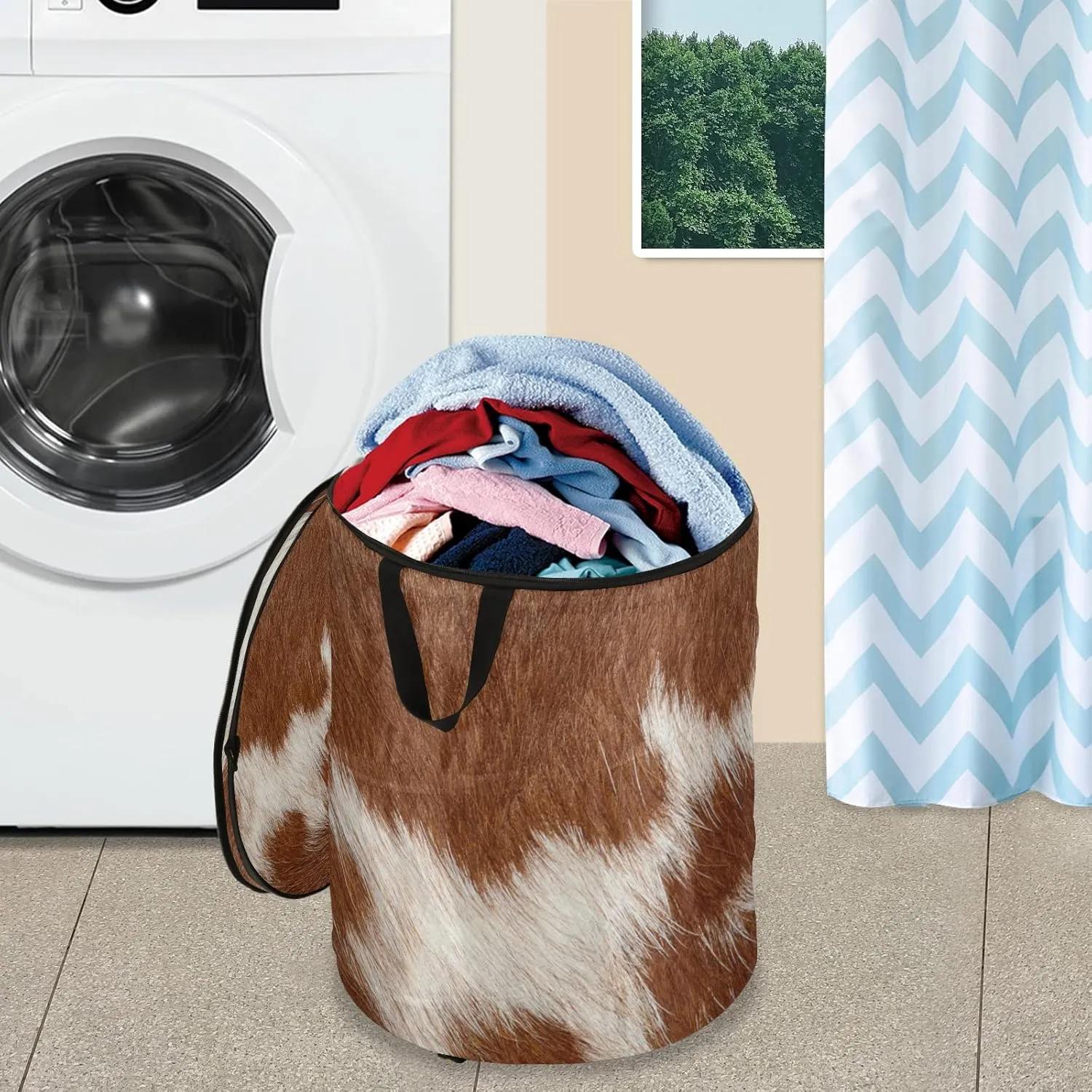 Fragment of a Skin of a Cow Brown White Mixed Color Real Cow Skin Pop Up Laundry Hamper, Collapsible Dirty Clothes Basket with Zipper Lid, Storage Bag Washing Bin for Room College Dorm Travel