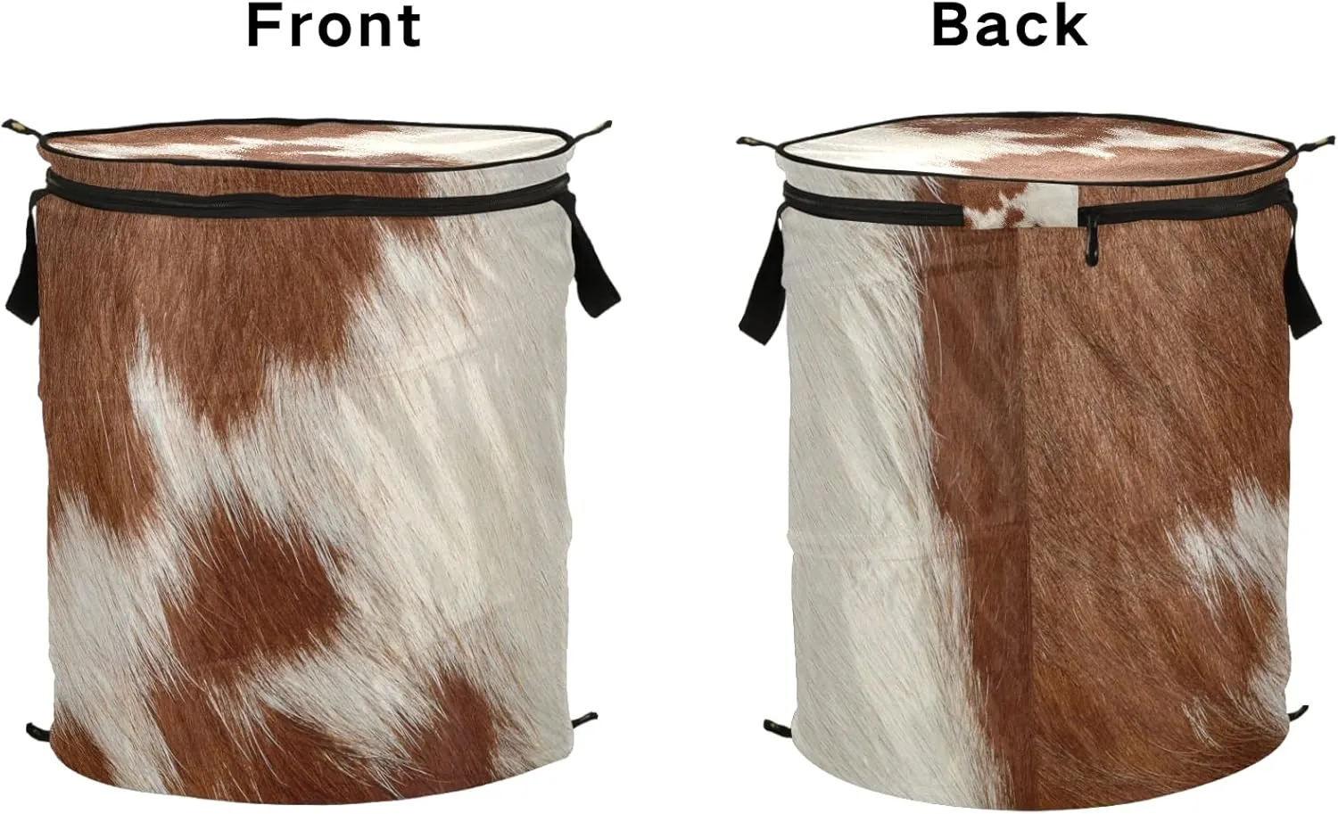 Fragment of a Skin of a Cow Brown White Mixed Color Real Cow Skin Pop Up Laundry Hamper, Collapsible Dirty Clothes Basket with Zipper Lid, Storage Bag Washing Bin for Room College Dorm Travel