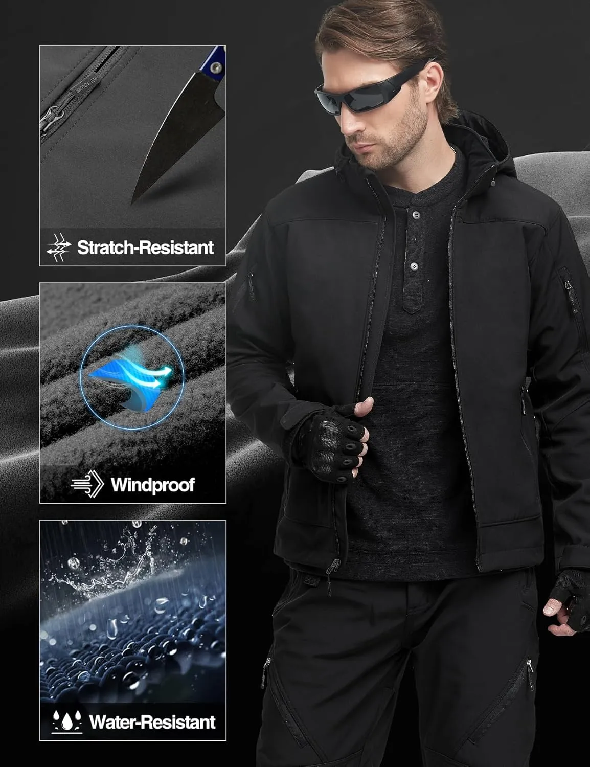 FREE SOLDIER Men's Softshell Hiking Jacket Waterproof Hooded Tactical Hunting Jacket