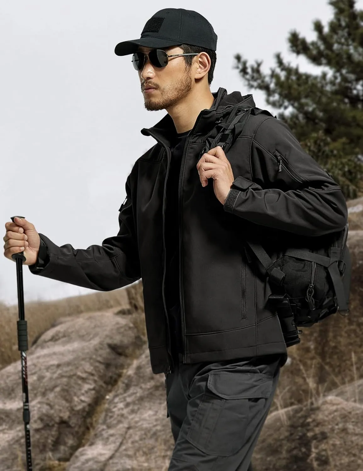 FREE SOLDIER Men's Softshell Hiking Jacket Waterproof Hooded Tactical Hunting Jacket