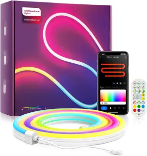 FTOYIN LED Neon Rope Light, 9.8ft Flexible Rope Light with Music Sync, DIY Design IP65 Waterproof LED Lights Bar with Remote and App Control RGBIC Strip for Living Room, Bed Room, Game Room Wall Decor