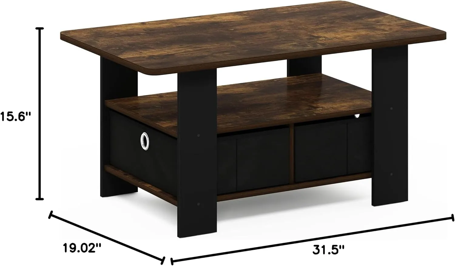 Furinno Andrey Coffee Table with Bin Drawer, Amber Pine/Black Small Non-Lift Top