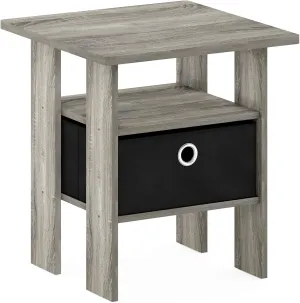 Furinno Andrey End Table / Side Table / Night Stand / Bedside Table with Bin Drawer, French Oak Grey/Black