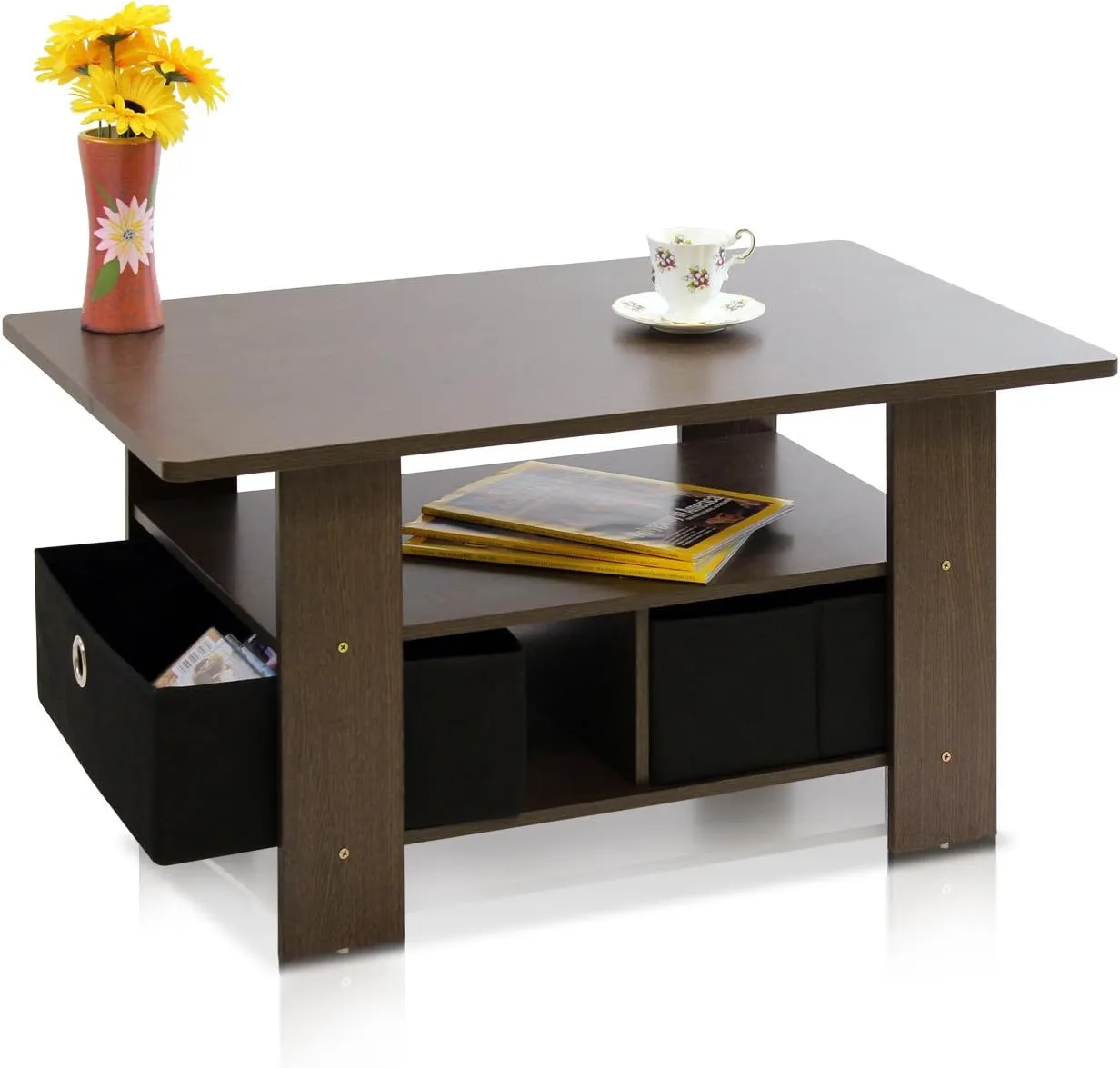 Furinno Coffee Table with Bins, Dark Brown/Black