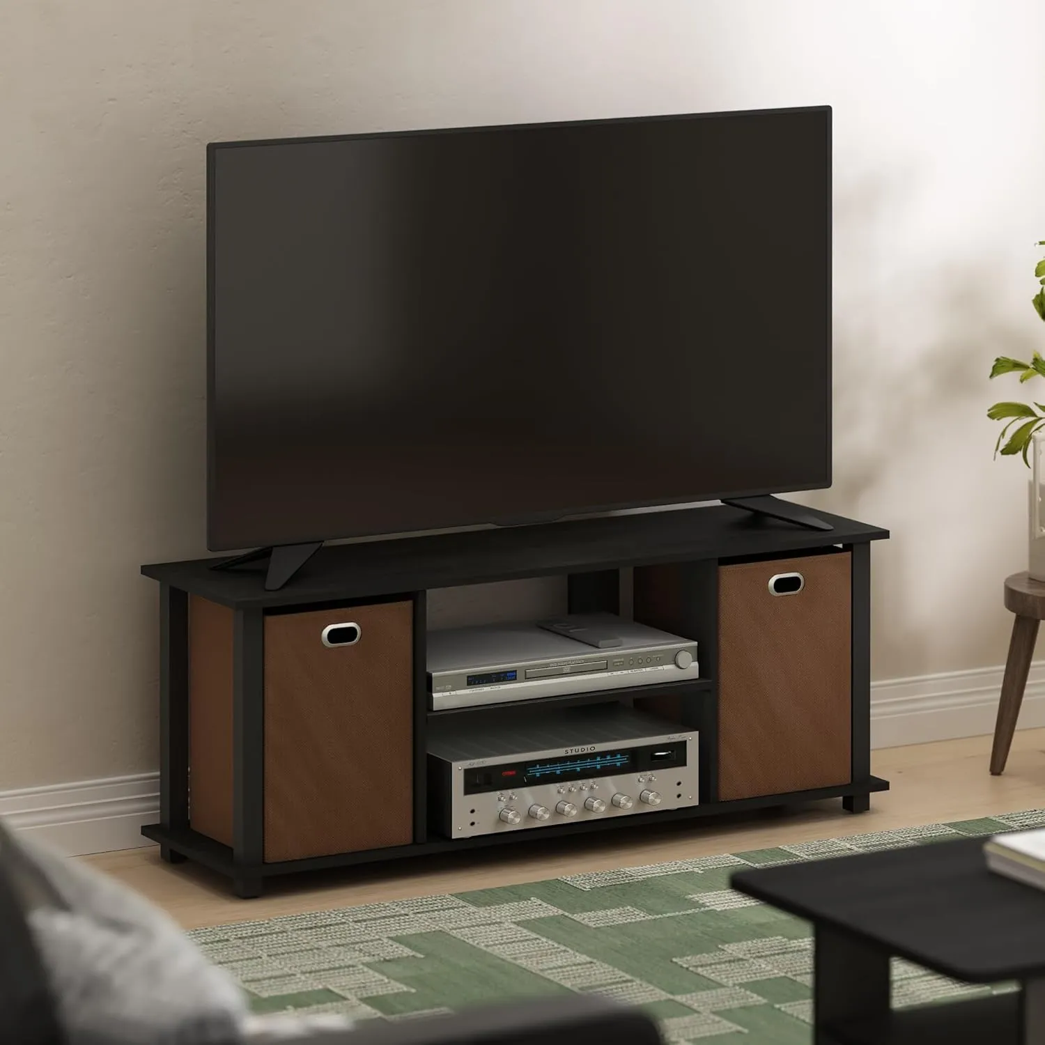FURINNO Econ Entertainment Center, Americano/Black/Brown 42 Inch TV Size