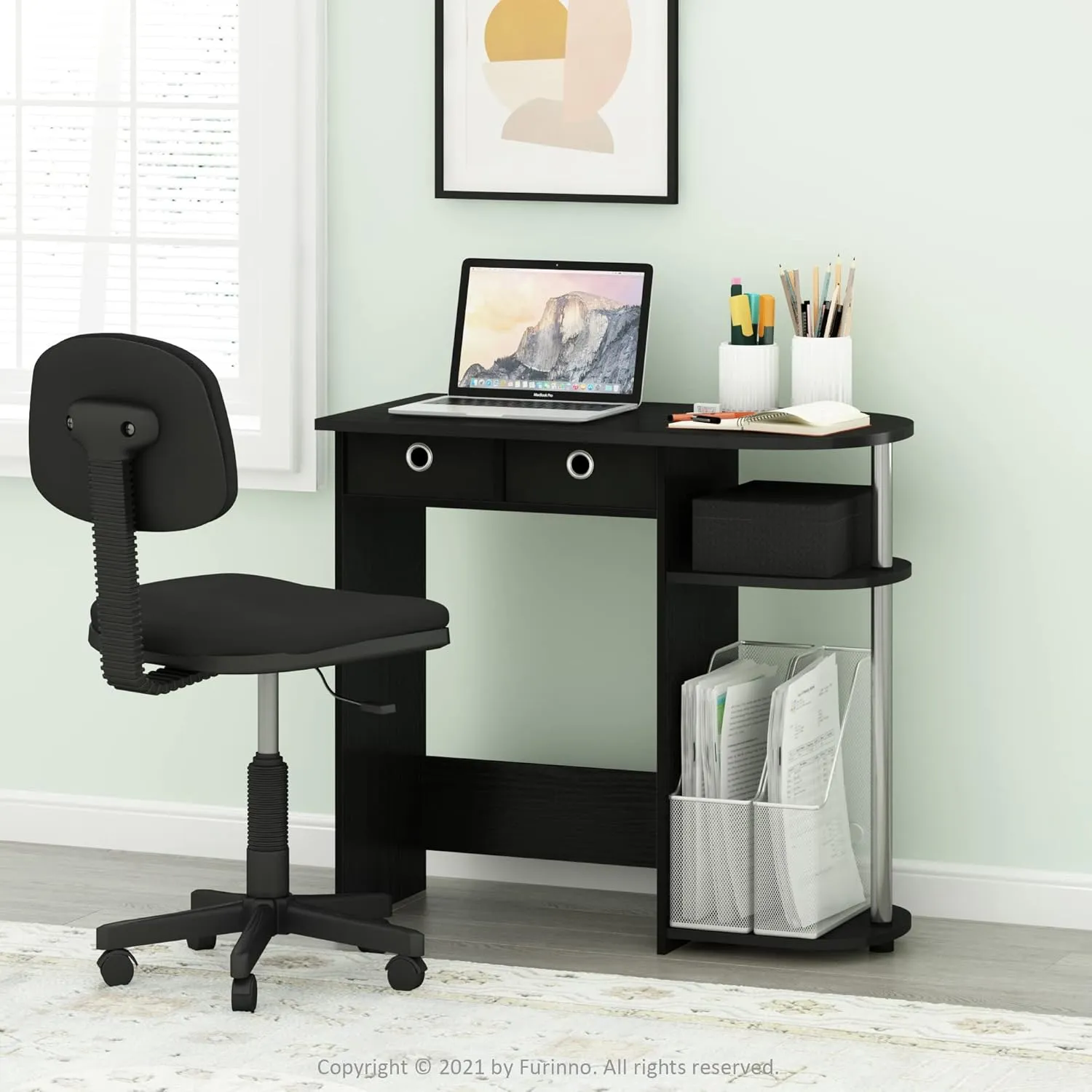 Furinno Go Green Home Laptop Notebook Computer Desk/Table with 2 Drawer Bins, Americano/Chrome