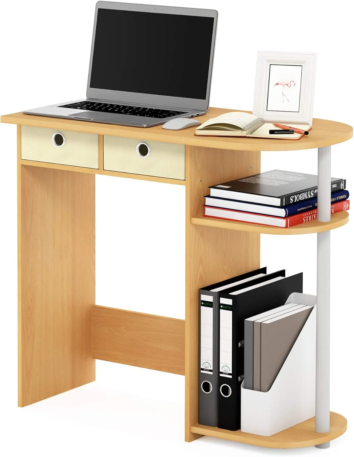 Furinno Go Green Home Laptop Notebook Computer Desk/Table with 2 Drawer Bins, Beech/Ivory/White