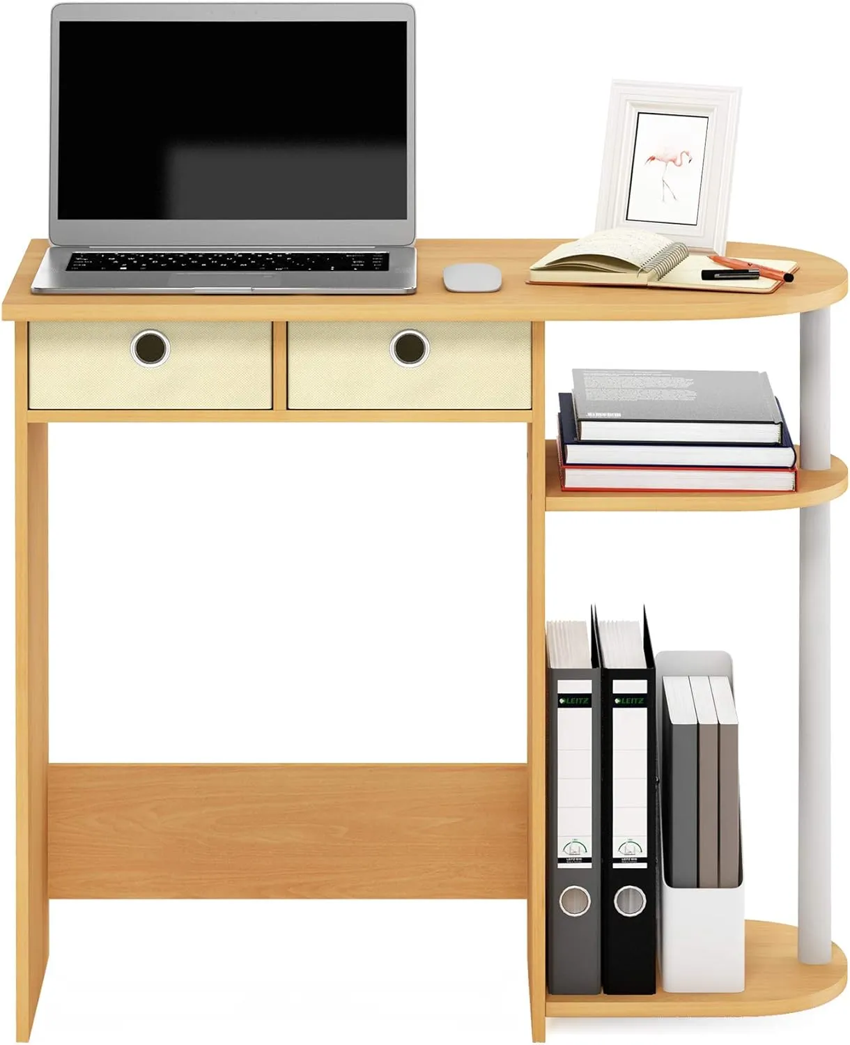 Furinno Go Green Home Laptop Notebook Computer Desk/Table with 2 Drawer Bins, Beech/Ivory/White