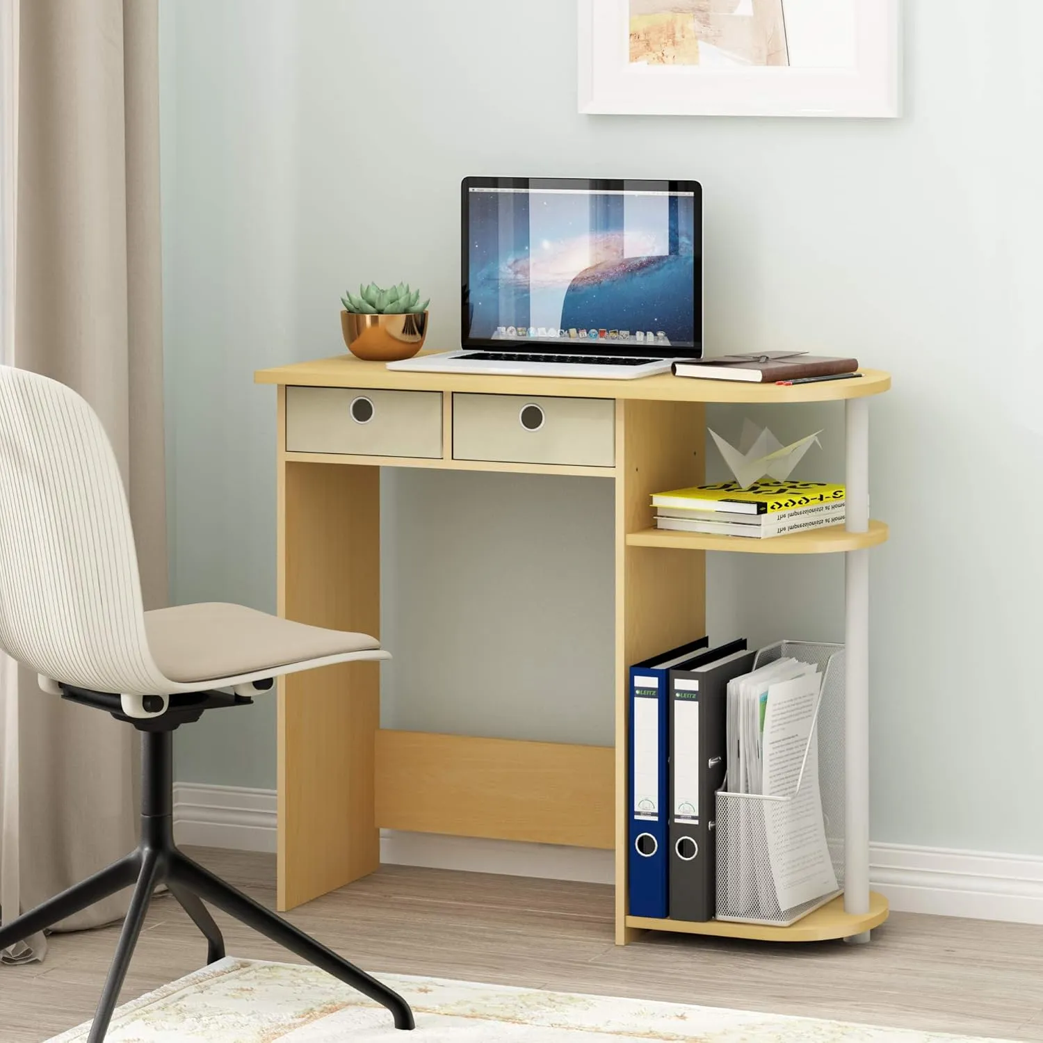 Furinno Go Green Home Laptop Notebook Computer Desk/Table with 2 Drawer Bins, Beech/Ivory/White