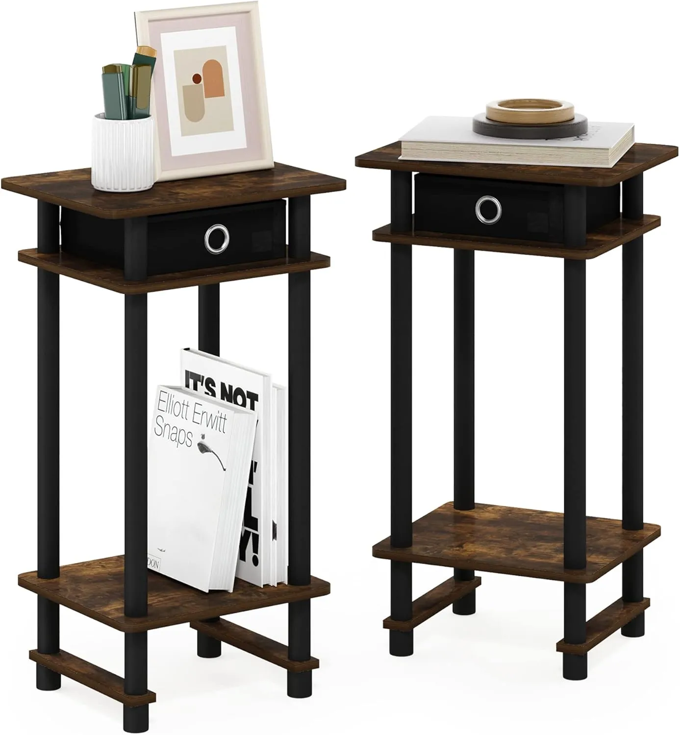 Furinno Turn-N-Tube Tall End Side Night Stand/Bedside Table with Bin Drawer, 2-Pack, Amber Pine/Black/Black