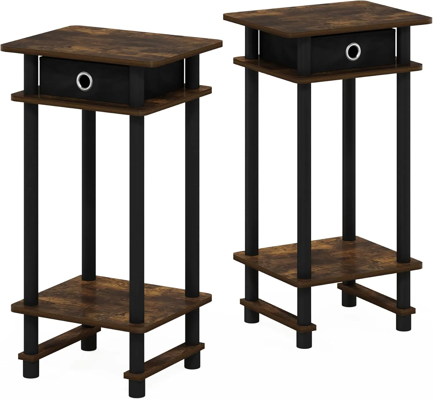Furinno Turn-N-Tube Tall End Side Night Stand/Bedside Table with Bin Drawer, 2-Pack, Amber Pine/Black/Black