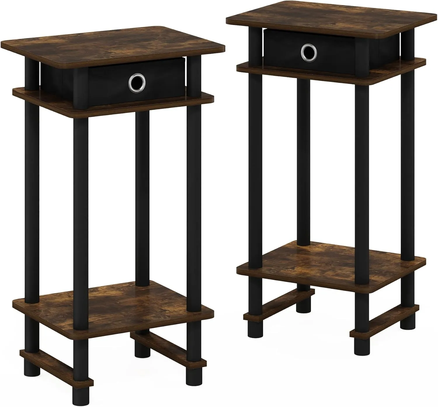 Furinno Turn-N-Tube Tall End Side Night Stand/Bedside Table with Bin Drawer, 2-Pack, Amber Pine/Black/Black