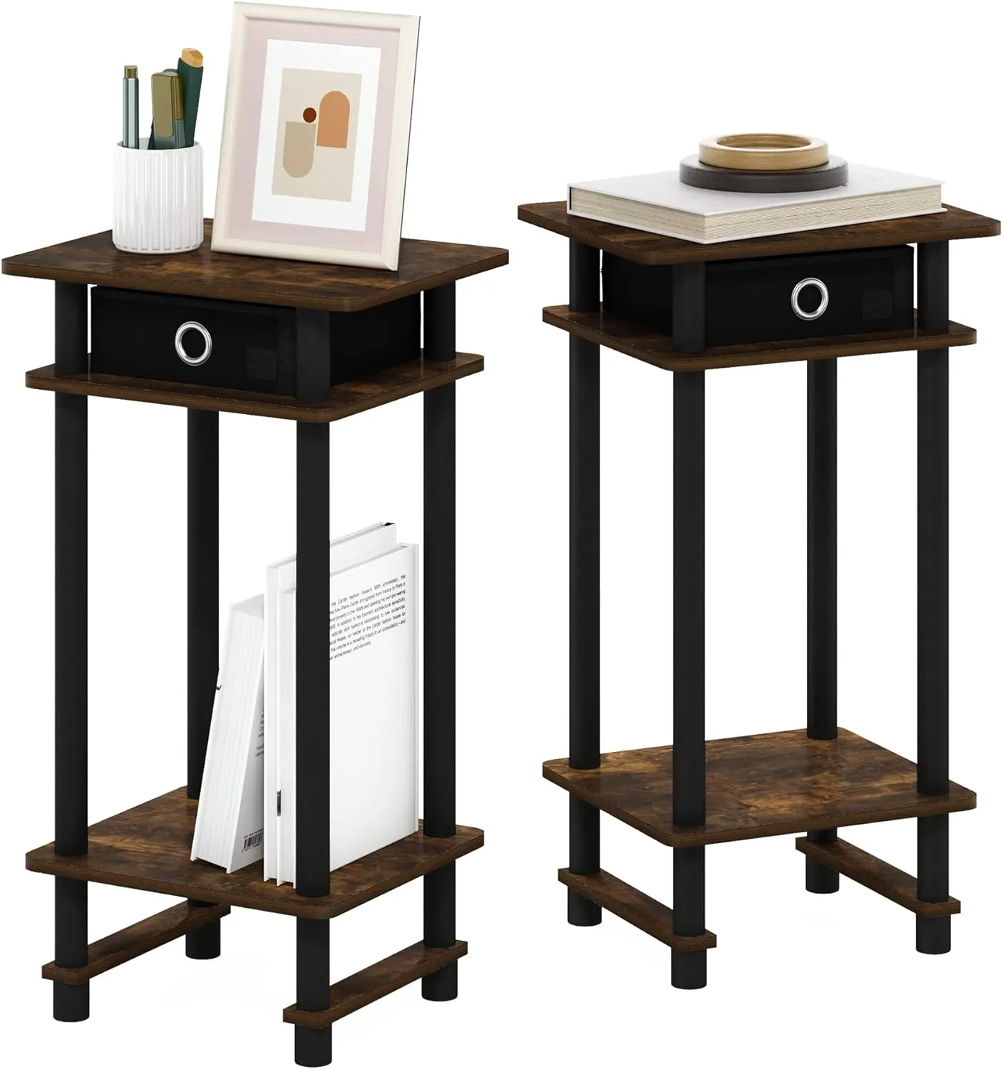 Furinno Turn-N-Tube Tall End Side Night Stand/Bedside Table with Bin Drawer, 2-Pack, Amber Pine/Black/Black