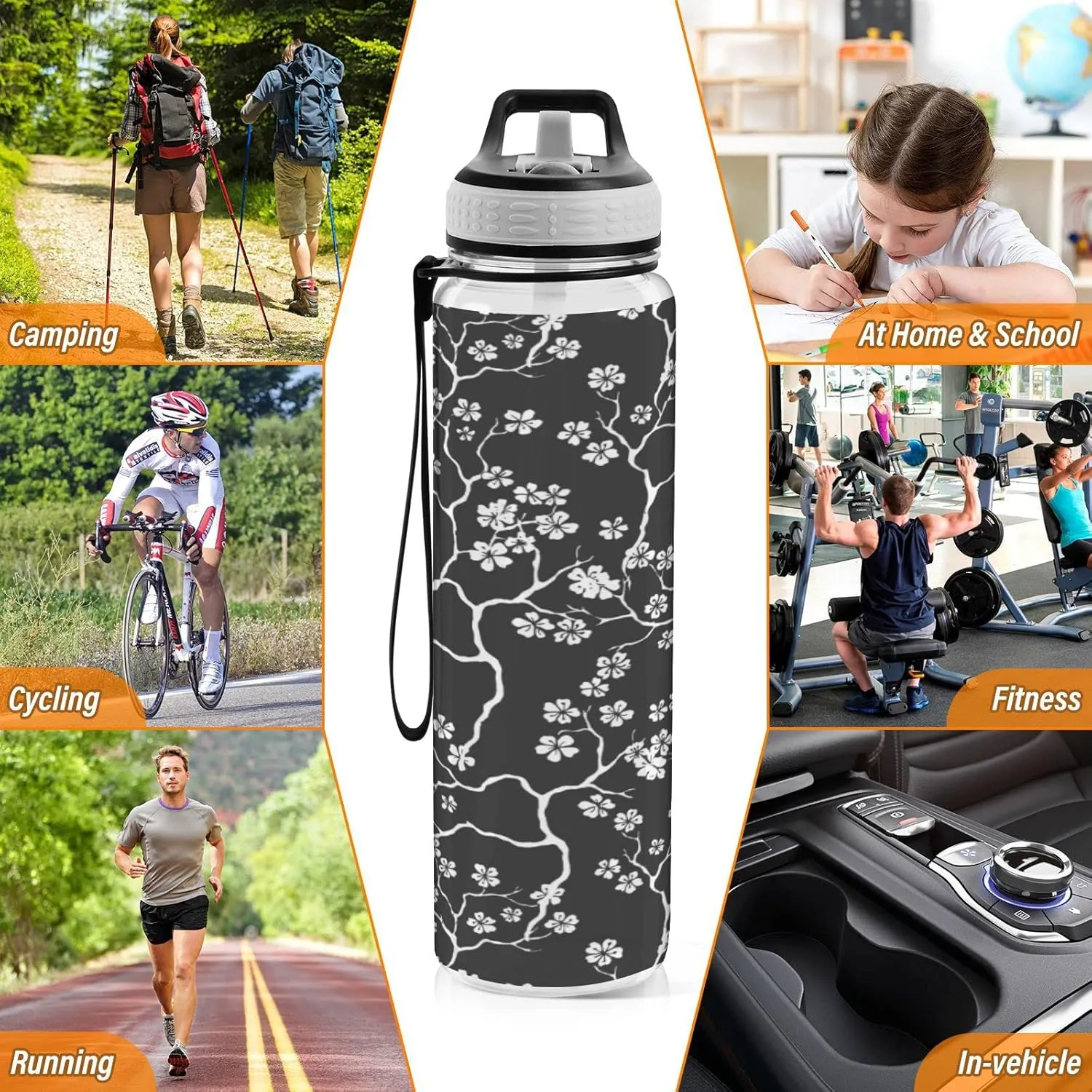 Fustylead Cherry Blossoms Branches 32 oz BPA-Free Water Bottle with Straw, Leak-Proof Sport Bottle for Fitness, Gym, Camping, Outdoor Sports