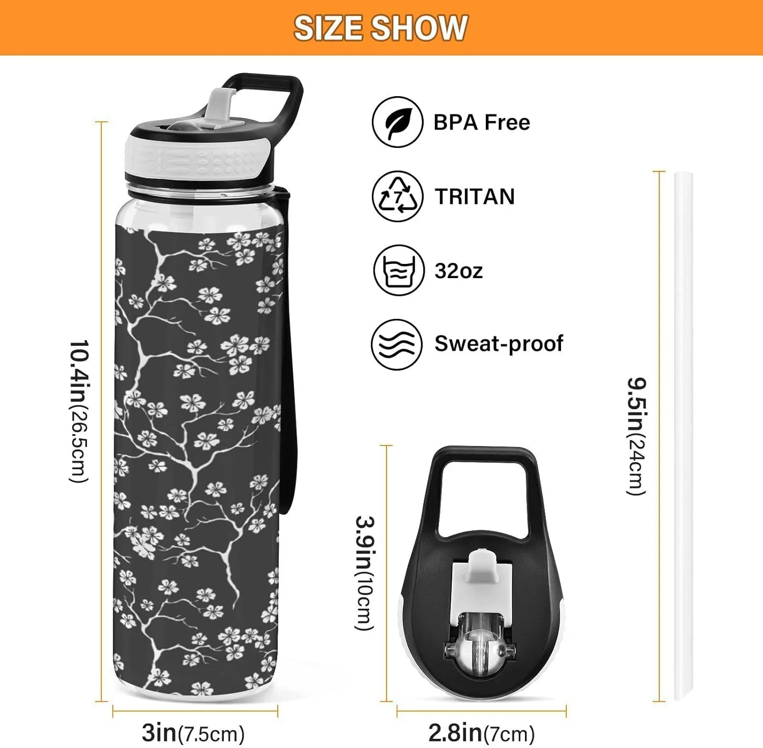 Fustylead Cherry Blossoms Branches 32 oz BPA-Free Water Bottle with Straw, Leak-Proof Sport Bottle for Fitness, Gym, Camping, Outdoor Sports