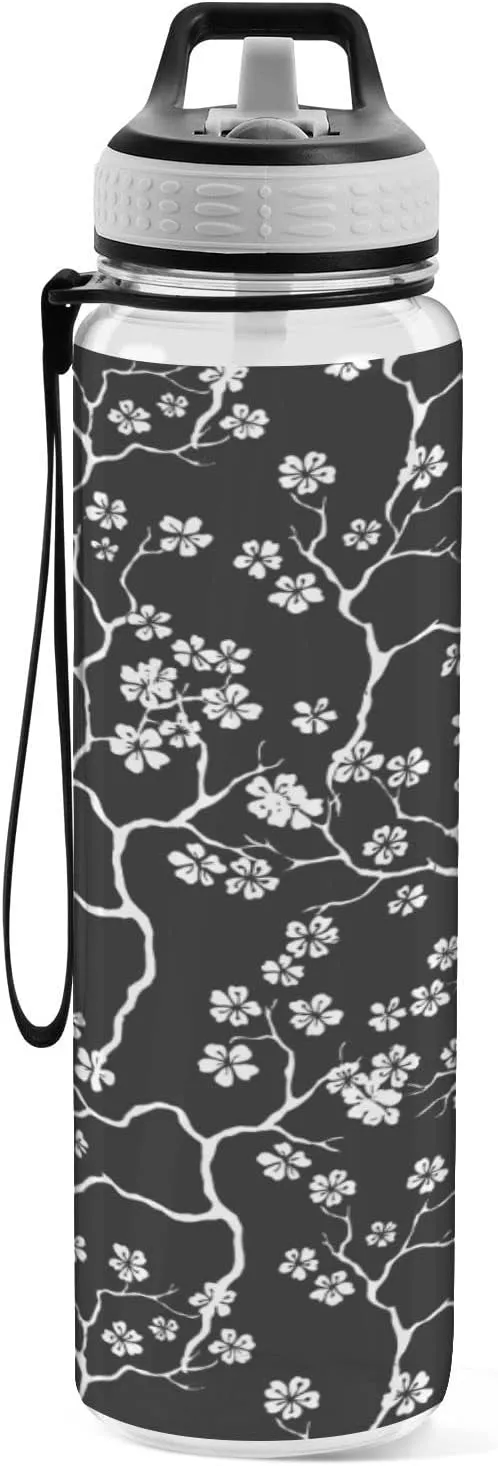 Fustylead Cherry Blossoms Branches 32 oz BPA-Free Water Bottle with Straw, Leak-Proof Sport Bottle for Fitness, Gym, Camping, Outdoor Sports