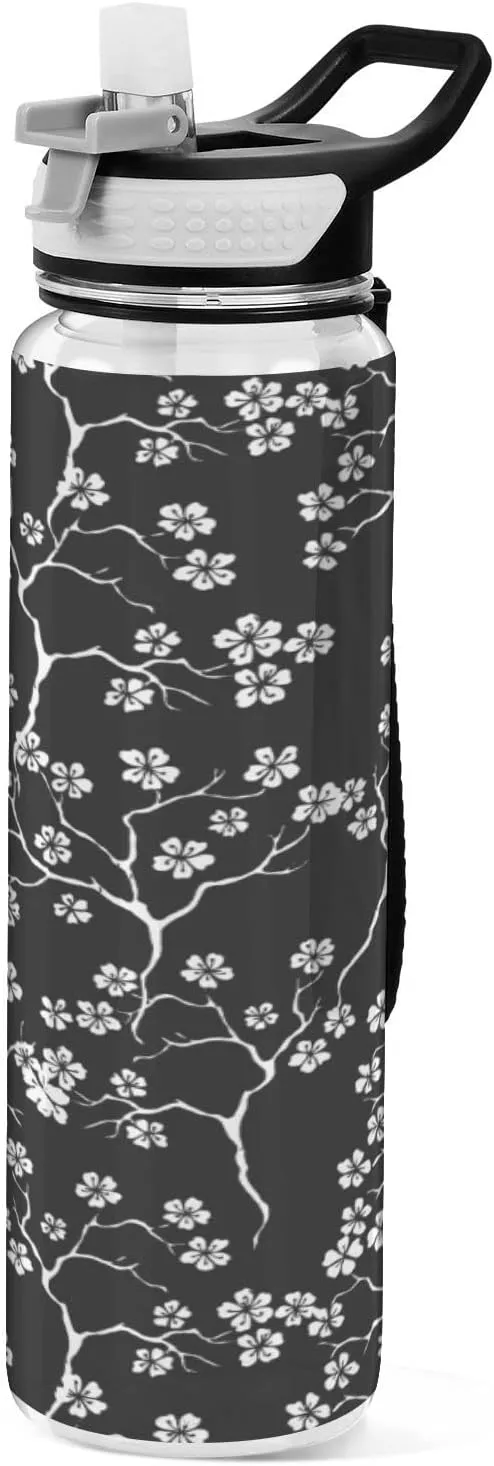 Fustylead Cherry Blossoms Branches 32 oz BPA-Free Water Bottle with Straw, Leak-Proof Sport Bottle for Fitness, Gym, Camping, Outdoor Sports