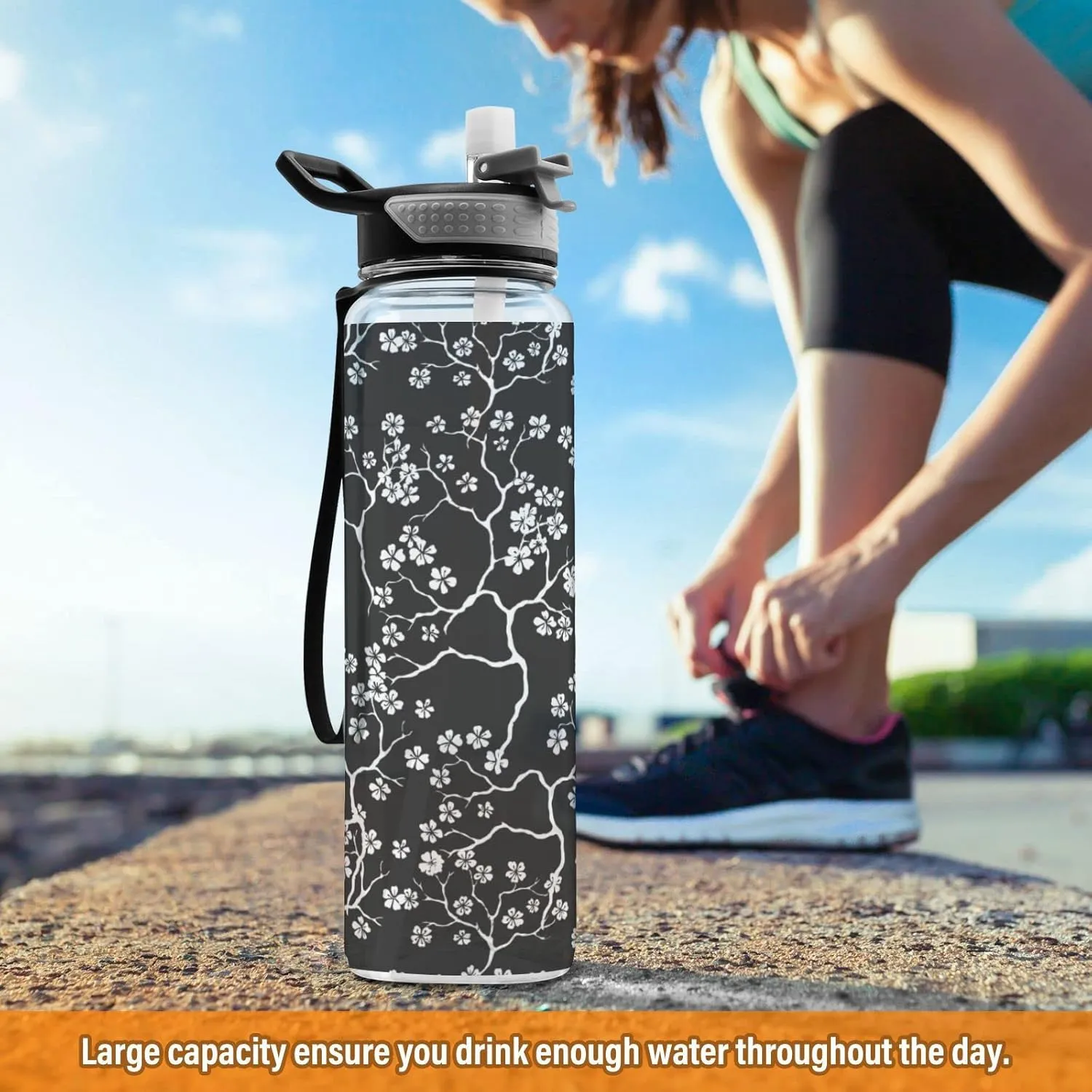 Fustylead Cherry Blossoms Branches 32 oz BPA-Free Water Bottle with Straw, Leak-Proof Sport Bottle for Fitness, Gym, Camping, Outdoor Sports