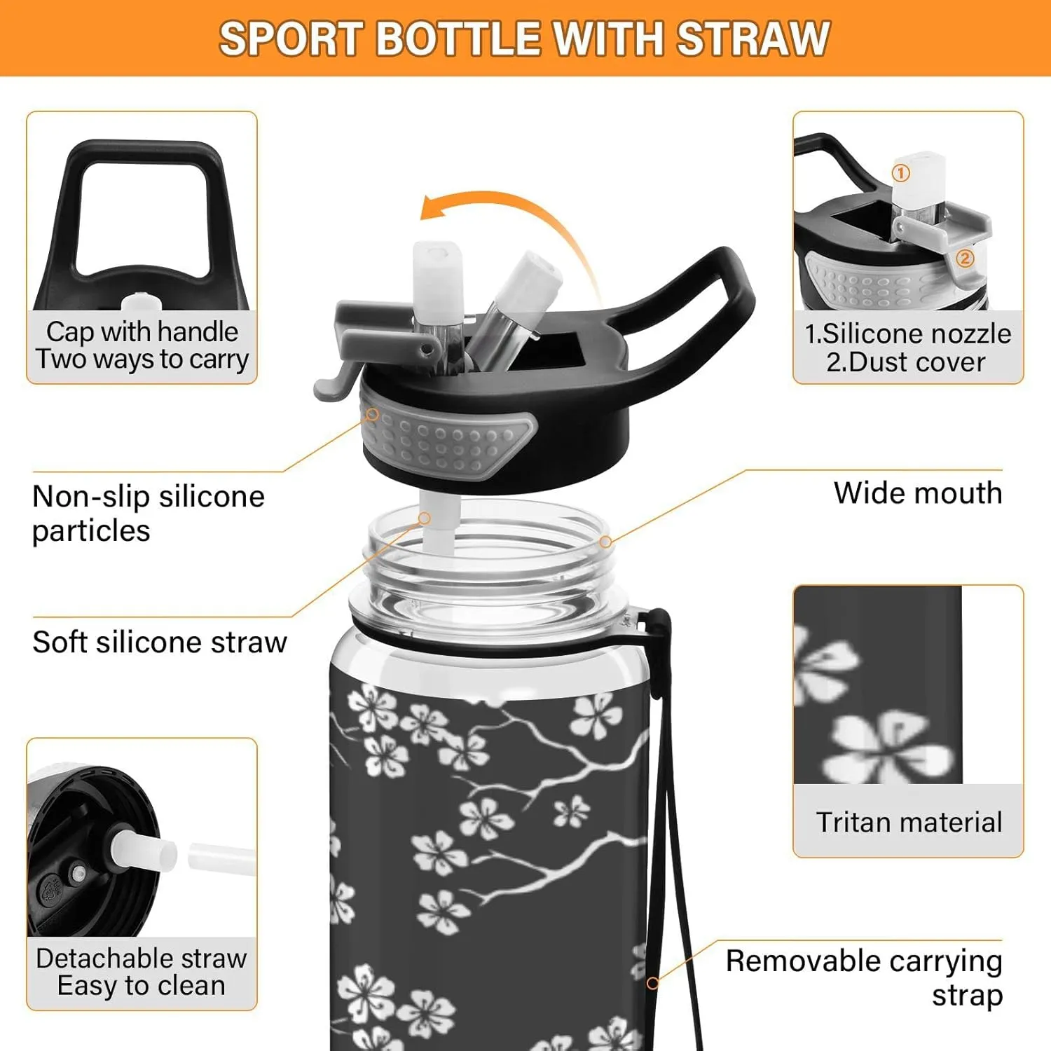 Fustylead Cherry Blossoms Branches 32 oz BPA-Free Water Bottle with Straw, Leak-Proof Sport Bottle for Fitness, Gym, Camping, Outdoor Sports