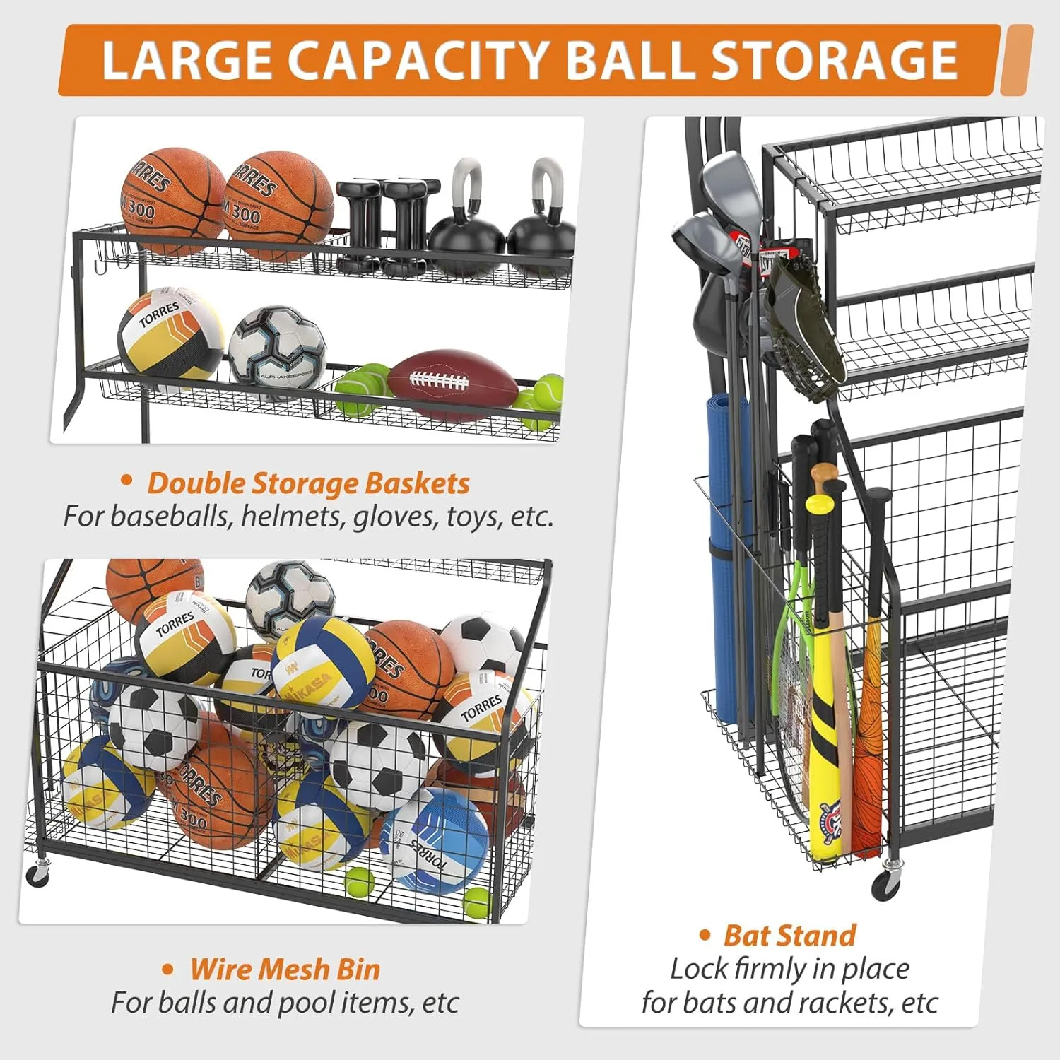 Gadroad Sports Equipment Organizer, Ball Rack, Gear & Ball Storage - Garage Organizer with Baskets, Hooks & Rolling Cart - Black