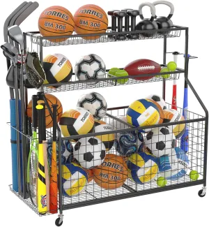Gadroad Sports Equipment Organizer, Ball Rack, Gear & Ball Storage - Garage Organizer with Baskets, Hooks & Rolling Cart - Black
