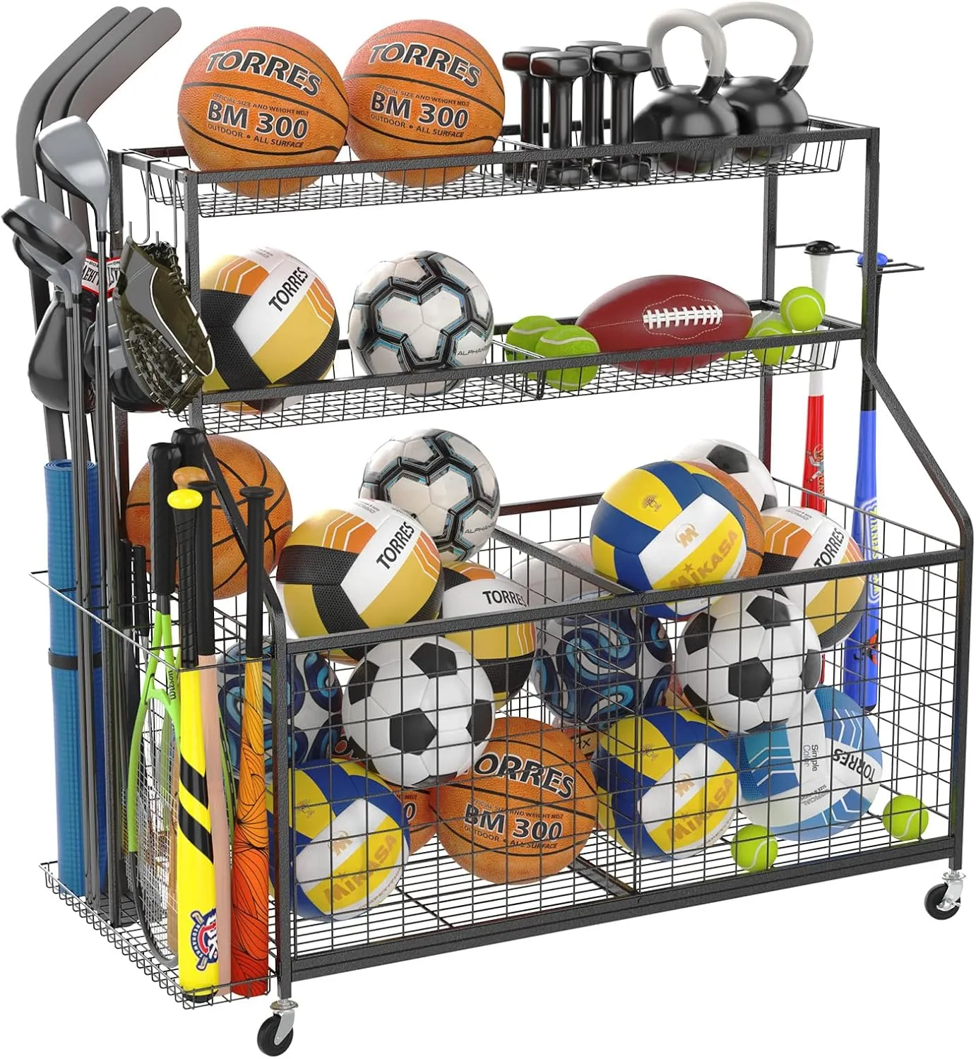 Gadroad Sports Equipment Organizer, Ball Rack, Gear & Ball Storage - Garage Organizer with Baskets, Hooks & Rolling Cart - Black
