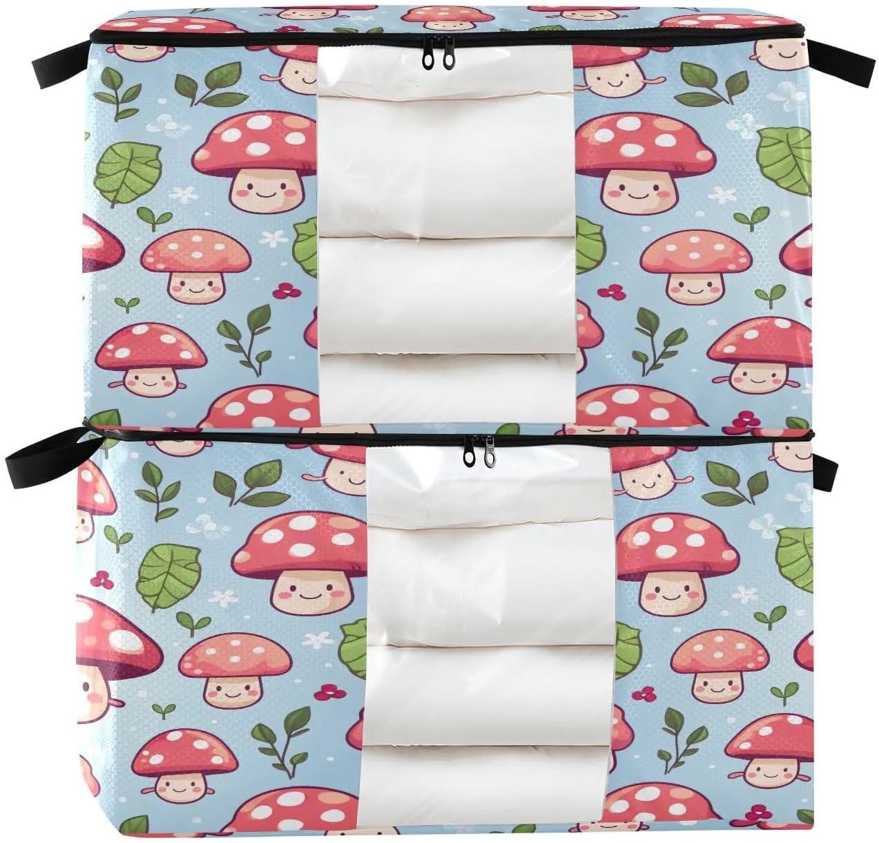 GAIGEO Anime Fungus Cartoon Mushrooms Clothes Storage Bin with Clear Window, Durable Zipper Clothes Storage Bags Large Capacity, 95L