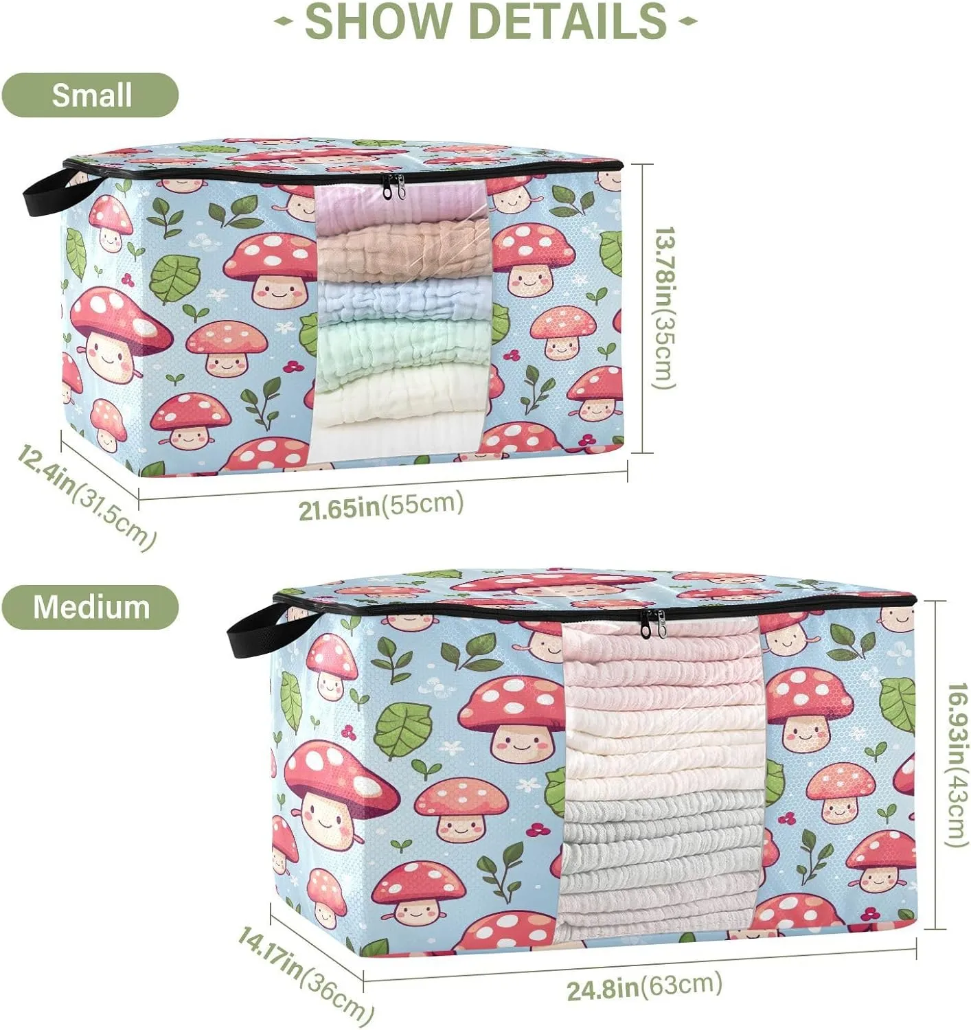 GAIGEO Anime Fungus Cartoon Mushrooms Clothes Storage Bin with Clear Window, Durable Zipper Clothes Storage Bags Large Capacity, 95L