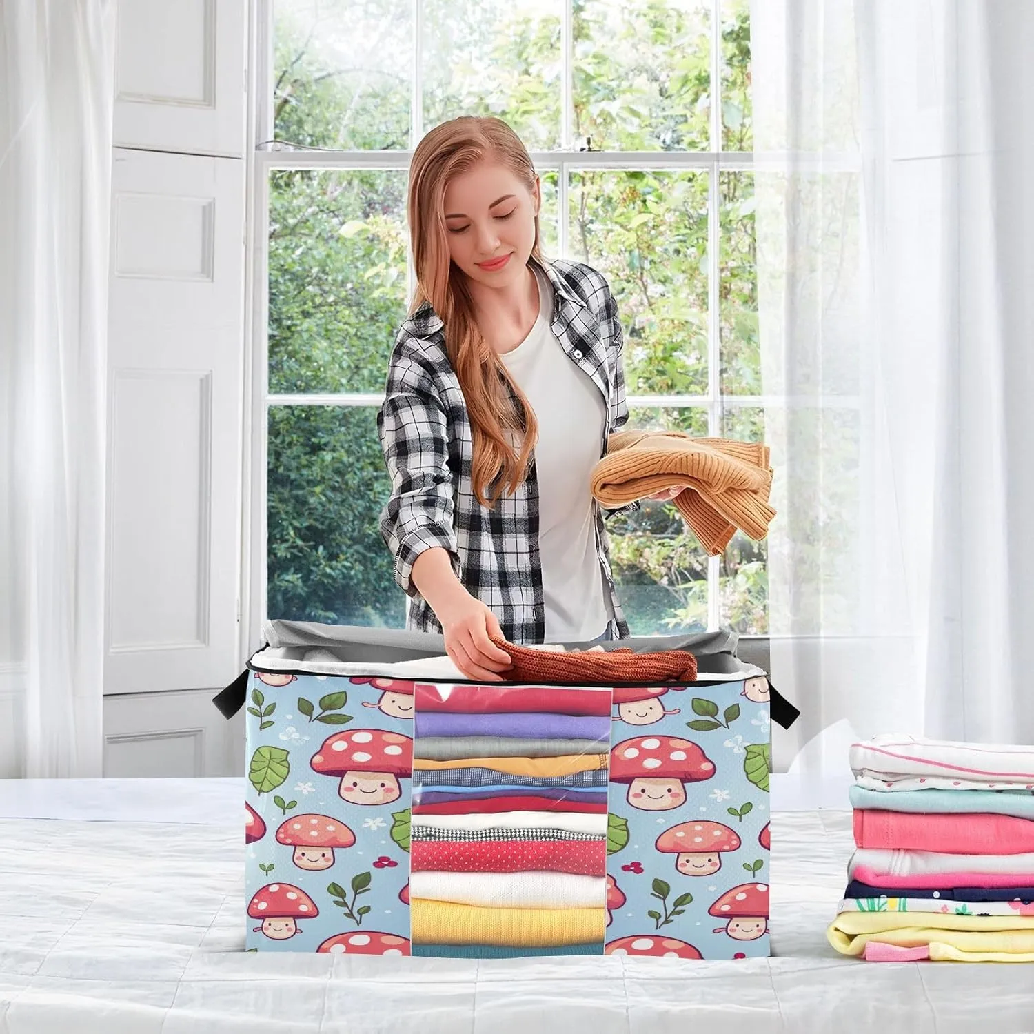 GAIGEO Anime Fungus Cartoon Mushrooms Clothes Storage Bin with Clear Window, Durable Zipper Clothes Storage Bags Large Capacity, 95L