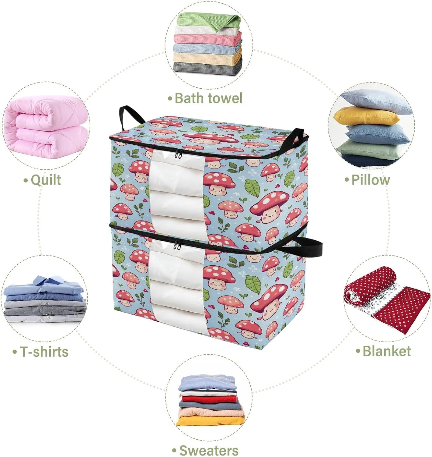 GAIGEO Anime Fungus Cartoon Mushrooms Clothes Storage Bin with Clear Window, Durable Zipper Clothes Storage Bags Large Capacity, 95L