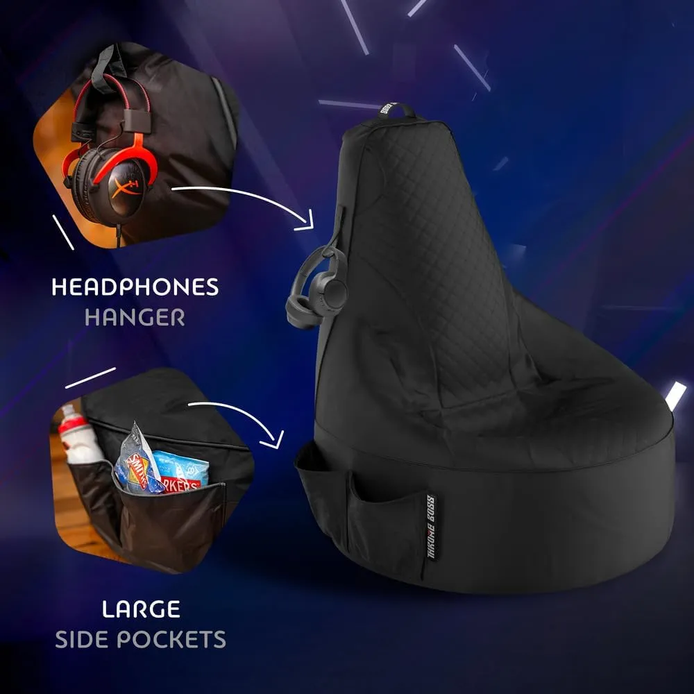 Gaming Bean Bag Chair for Adults and Teens [Cover ONLY No Filling] - High Back Beanbag or Dorm Chair with Cup Holder for Gamers (Black/Black)