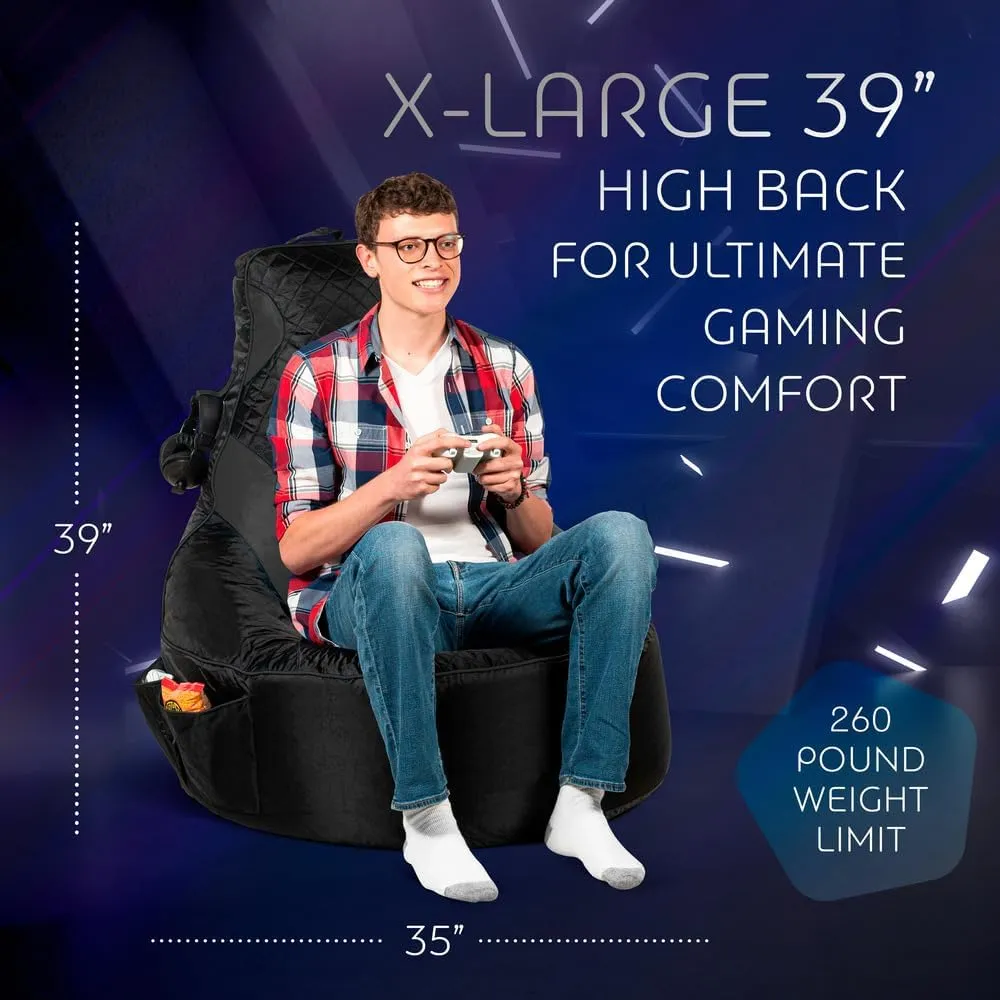 Gaming Bean Bag Chair for Adults and Teens [Cover ONLY No Filling] - High Back Beanbag or Dorm Chair with Cup Holder for Gamers (Black/Black)