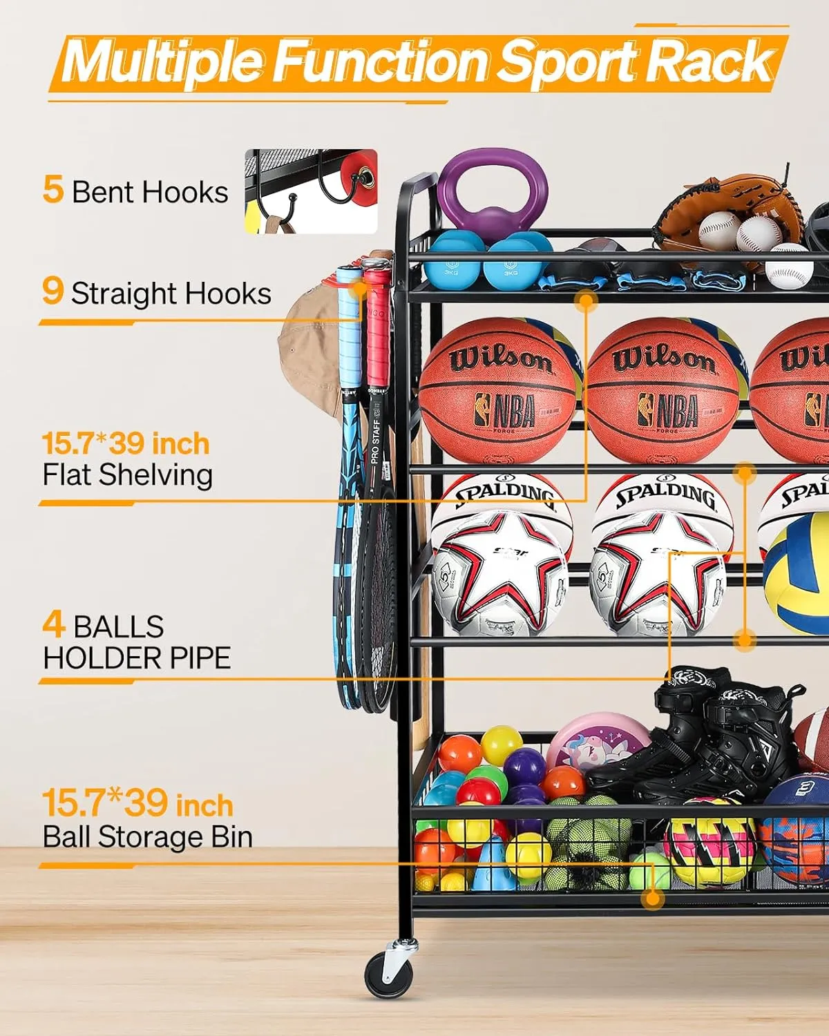 Garage Sports Equipment Organizer - Rolling Ball Storage Bin with Wheels, Garage Sports Gear Rack Outdoor Basketball Racks for Balls with Baseball Bat Holder and Hooks, Toy Organizer