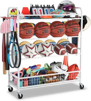 Garage Sports Equipment Organizer - Rolling Ball Storage Bin with Wheels, Garage Sports Gear Rack Outdoor Basketball Racks for Balls with Baseball Bat Holder and Hooks, Toy Organizer(White)