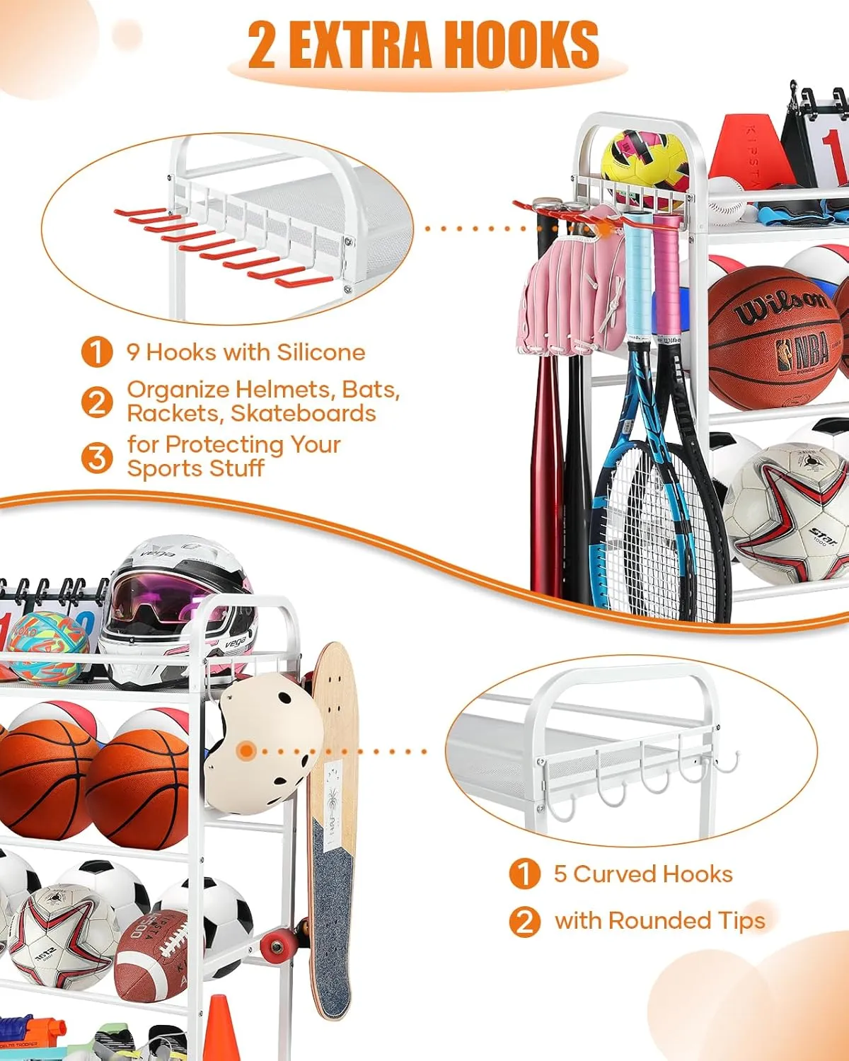 Garage Sports Equipment Organizer - Rolling Ball Storage Bin with Wheels, Garage Sports Gear Rack Outdoor Basketball Racks for Balls with Baseball Bat Holder and Hooks, Toy Organizer(White)
