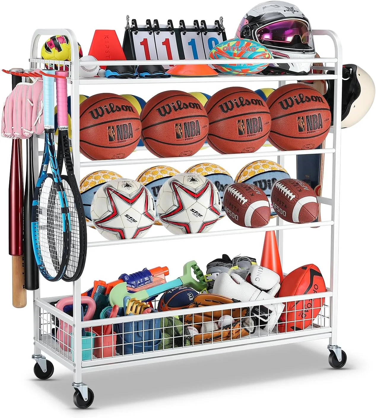 Garage Sports Equipment Organizer - Rolling Ball Storage Bin with Wheels, Garage Sports Gear Rack Outdoor Basketball Racks for Balls with Baseball Bat Holder and Hooks, Toy Organizer(White)