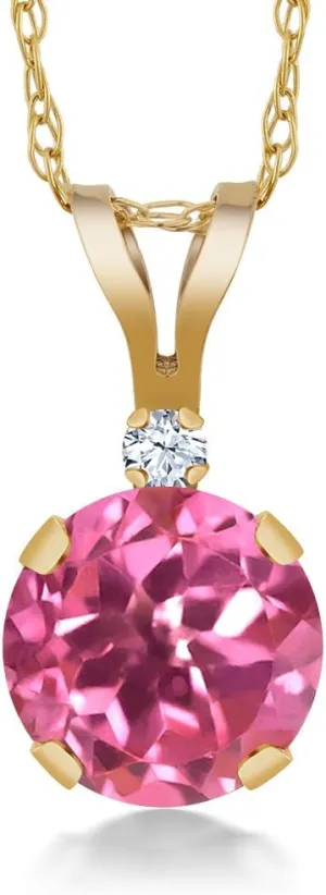 Gem Stone King 1.02 Ct Round Pink Mystic Topaz White Created Sapphire 14K Yellow Gold Pendant