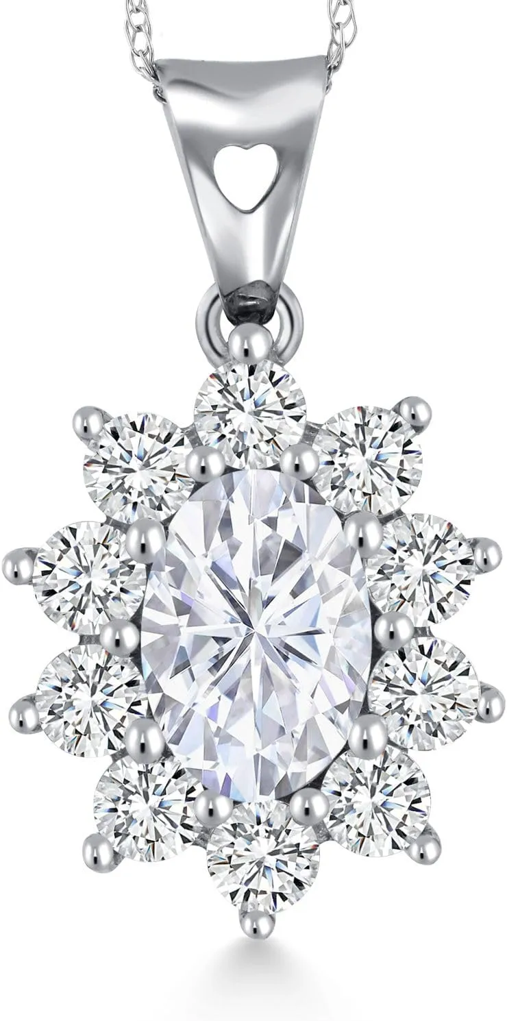 Gem Stone King 10K White Gold Pendant Forever One Oval 1.40cttw Moissanite by Charles & Colvard and Created Sapphire