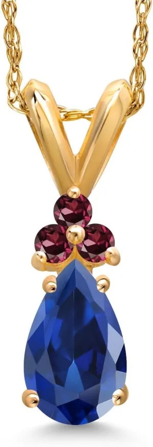 Gem Stone King 14K Yellow Gold Blue Created Sapphire and Red Rhodolite Garnet Pendant Necklace for Women | 1.11 Cttw | Gemstone September Birthstone | Pear Shape 7X5MM | With 18 Inch Chain