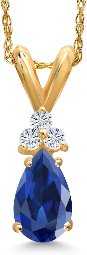 Gem Stone King 14K Yellow Gold Blue Created Sapphire and White Moissanite Pendant Necklace for Women | 1.06 Cttw | Gemstone September Birthstone | Pear Shape 7X5MM | With 18 Inch Chain