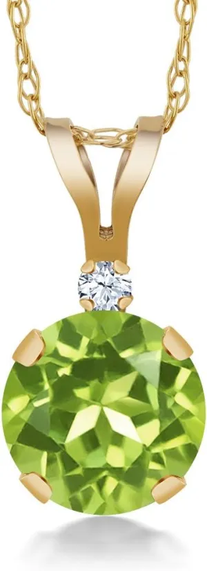 Gem Stone King 14K Yellow Gold Green Peridot and White Created Sapphire Pendant Necklace For Women (0.87 Cttw, Gemstone Birthstone, Round 6MM)