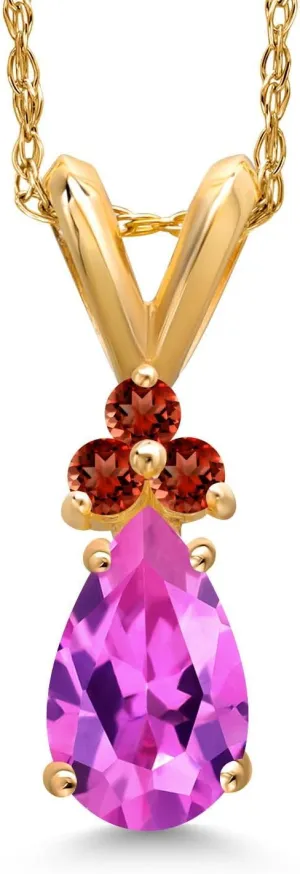 Gem Stone King 14K Yellow Gold Pink Created Sapphire and Red Garnet Pendant Necklace for Women | 1.11 Cttw | Gemstone September Birthstone | Pear Shape 7X5MM | With 18 Inch Chain