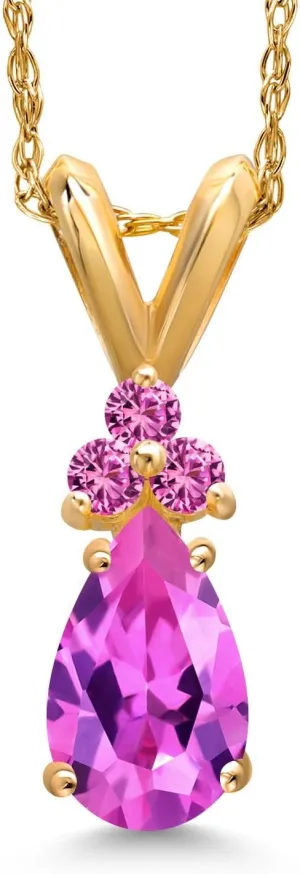 Gem Stone King 14K Yellow Gold Pink Created Sapphire Pendant Necklace for Women | 1.06 Cttw | Gemstone September Birthstone | Pear Shape 7X5MM | With 18 Inch Chain