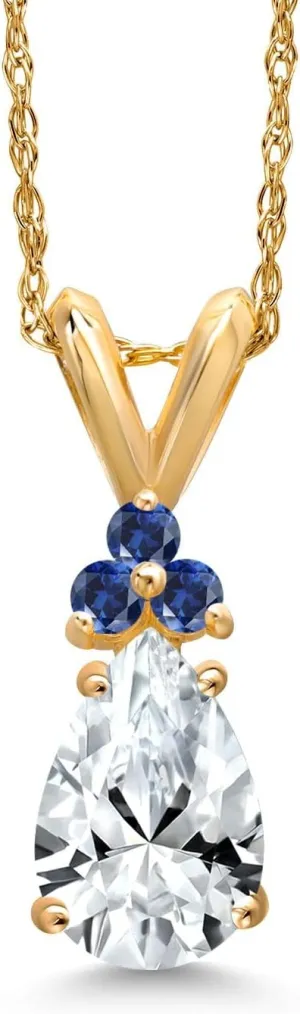 Gem Stone King 14K Yellow Gold White Created Sapphire and Blue Created Sapphire Pendant Necklace for Women | 1.17 Cttw | Gemstone September Birthstone | Pear Shape 8X5MM | With 18 Inch Chain