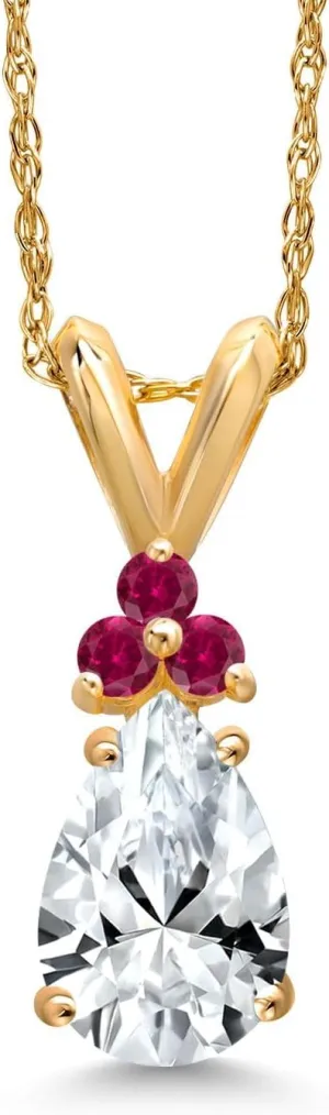 Gem Stone King 14K Yellow Gold White Created Sapphire and Red Created Ruby Pendant Necklace for Women | 1.17 Cttw | Gemstone September Birthstone | Pear Shape 8X5MM | With 18 Inch Chain